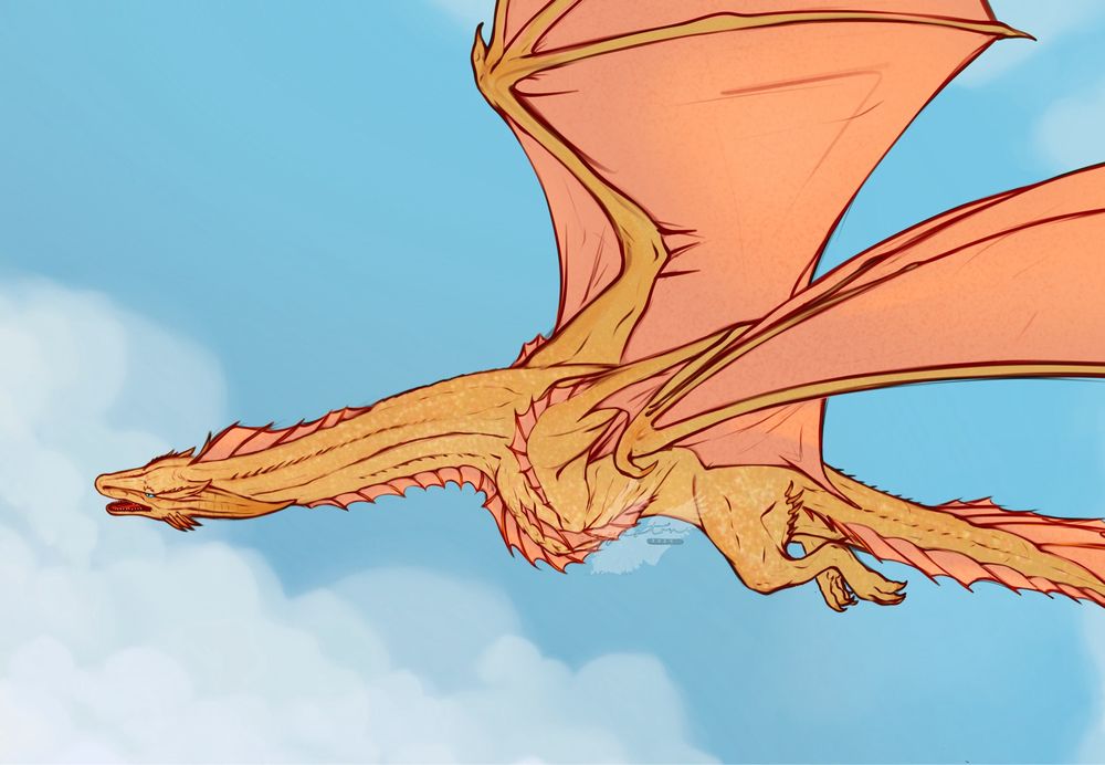 a digital drawing of Sunfyre, a golden dragon from House of the dragon. they are flying in a bright sky with some soft clouds
