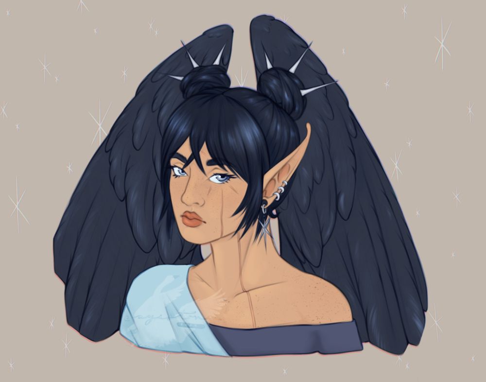 digital portrait of my winged oc, Rin. she is looking at the viewer with a wary, calculating look. deep blue-black hair in twin buns with 3 pins in each, pale skin, misty blue eyes and dark wings. a star-shaped scar is around her left eye and she has a few silver earrings