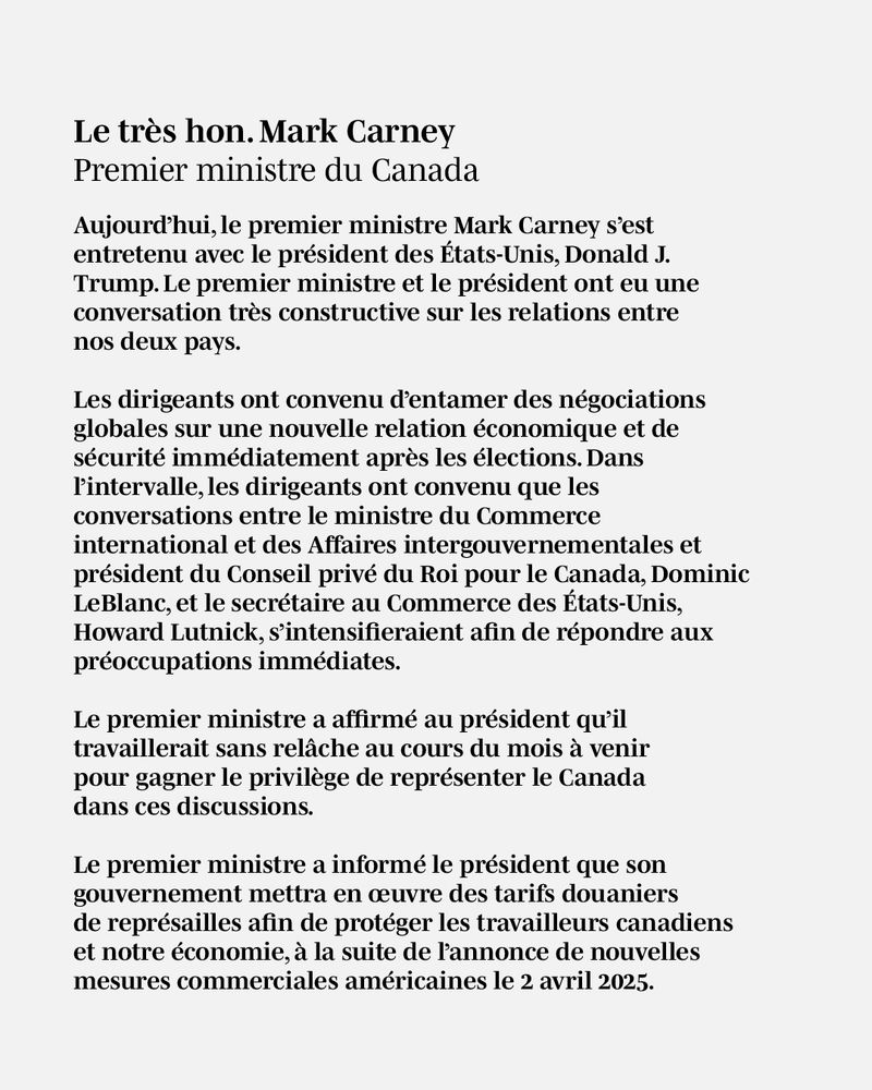 Compte-rendu de l'appel du premier ministre Mark Carney avec le président Trump. 
