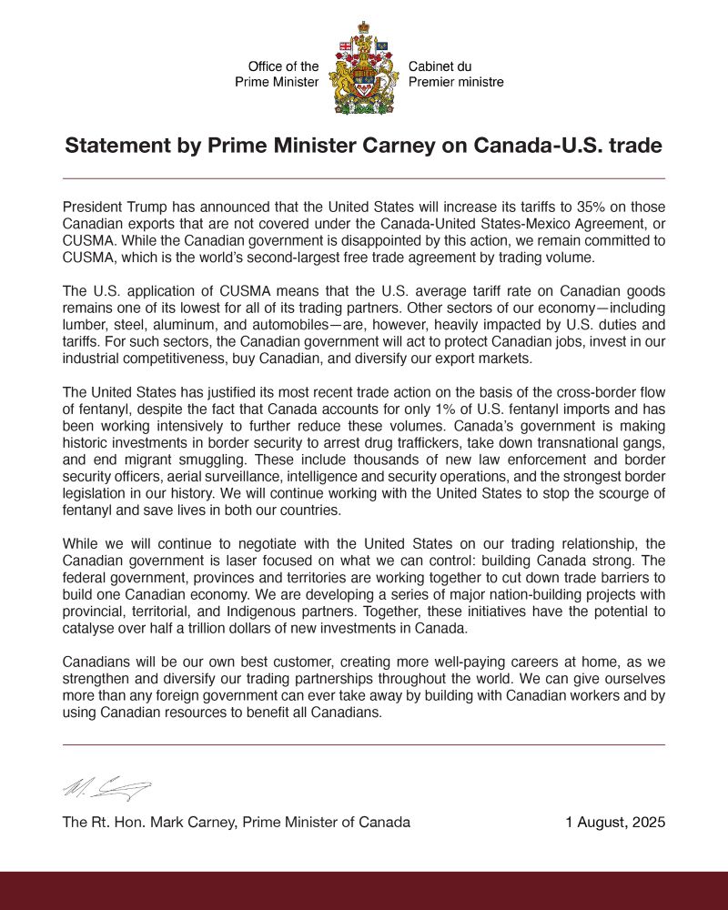 Statement by Prime Minister Carney on Canada-U.S. trade.