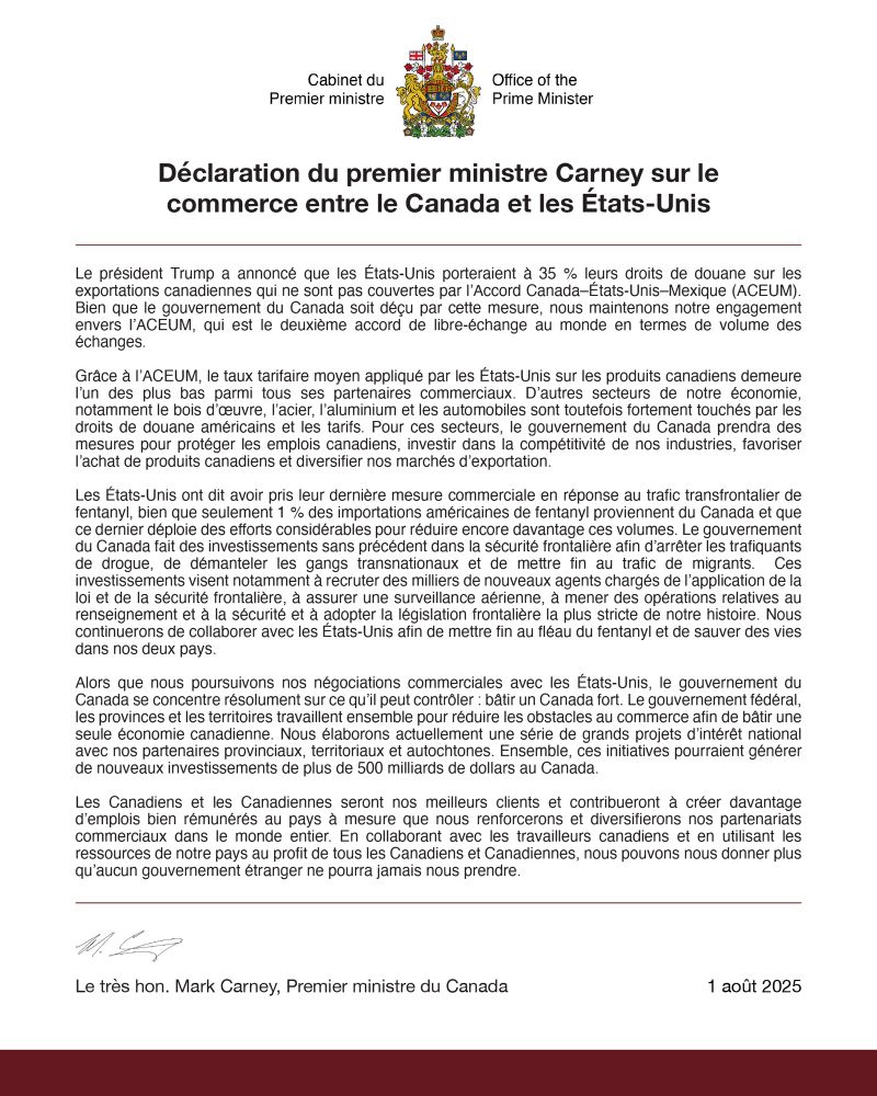Déclaration du premier ministre Carney sur le commerce entre le Canada et les États-Unis.