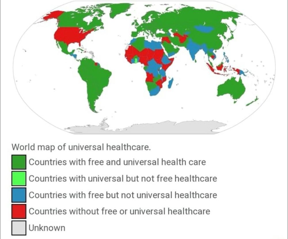A world map of universal  healthcare showing most developed countries have universal healthcare. The US is the largest country without it.