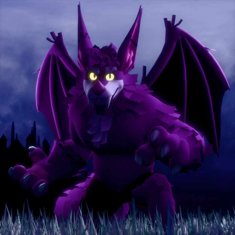 3D render of a werewolf pinata base modified to look like my bat sona, in front of a gloomy cloudy sky.