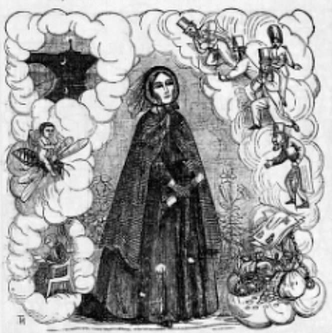 A wan-looking governess in a long dark dress with a dark cloak and bonnet is surrounded by little vignettes, including figures of men ready to take advantage of her vulnerability,
