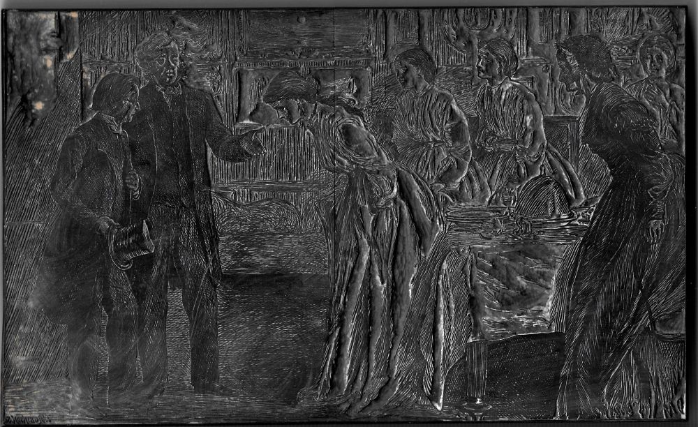 A typical Du Maurier society scene, with a man introuducing a bevy of young women, and an older one, to another man, who is accompanying him. The man might be a father introducing his daughters, one of whom is bowing demurely. The older woman might be the mother. Hard to see--so many fine lines in the wooden surface.