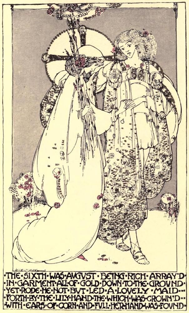 Just a little colour but the main effect of the two figures is whimsical, fairy-tale-ish.  The maiden looks bashful, with bowed head.