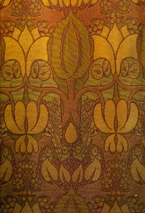 Little owls among foliage in a pattern of muted yellows, brown and green