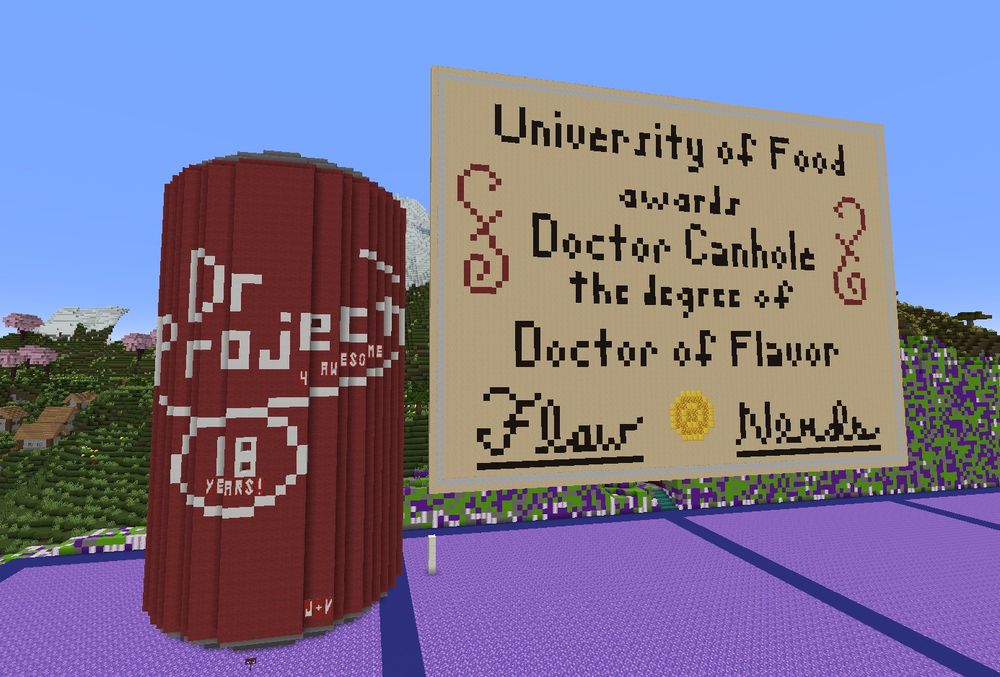 an image from Minecraft on the Nerdcrafteria server featuring a build of a large Dr. Pepper can that says, "Dr Project 4 awesome - 18 years"
and a build of their doctorial degree that says, "University of Food awards | Doctor Canhole | the degree of Doctor of Flavor" signed by "Flaw" and "Nerds"
