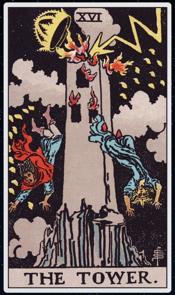 Imagem da carta de tarot "A Torre", do baralho de tarot Rider-Waite. A carta mostra um desenho de uma torre alta sendo atingida por um raio, com uma coroa sendo derrubada e duas pessoas caindo em meio a chamas e esferas, representando a ruptura com o passado, a queda de ideias falsas e o enfrentamento do caos para uma nova reconstrução. 
