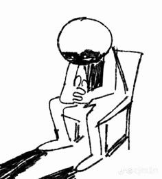 desenho em fundo branco de um bonequinho humano careca sentado em uma cadeira com a cabeça abaixada e as mãos entrelaçadas como se estivesse em profundo sofrimento.