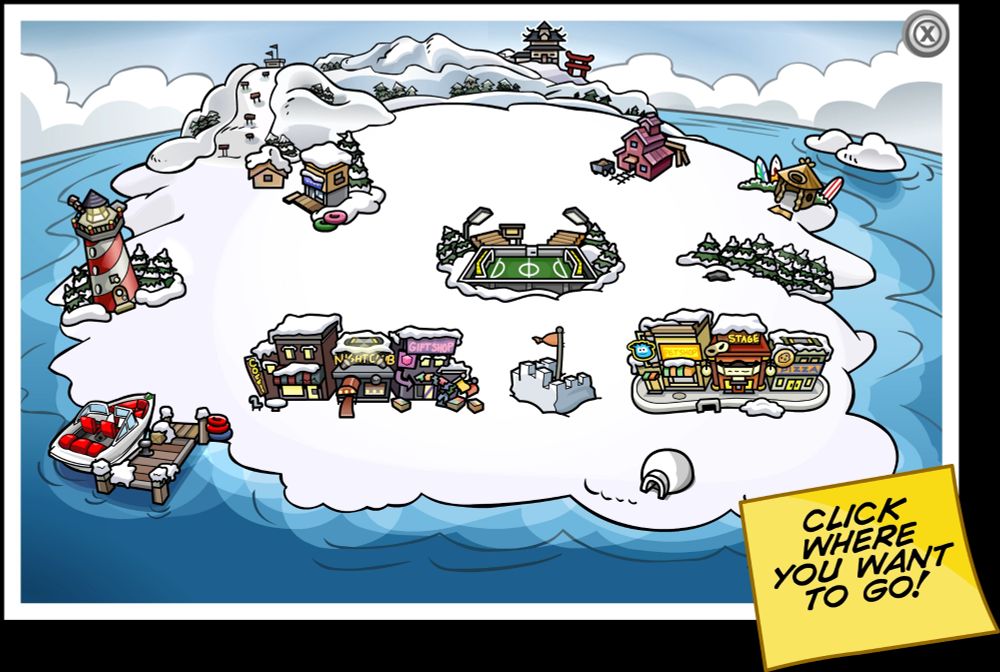 Imagem do mapa ilustrado do antigo jogo online Club Penguin, mostrando a ilha onde o jogo se passava e todos os lugares que podia se frequentar durante o jogo.