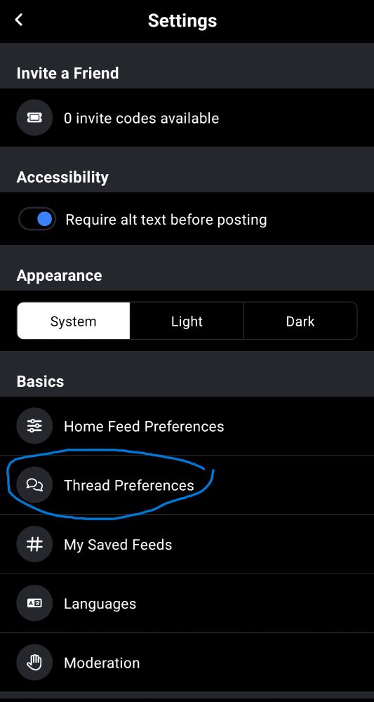 Öffnen der Settings in Thread Preferences