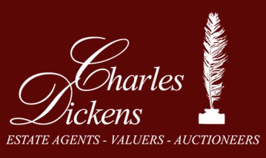 A company logo for a firm reading (in swirly, ye olde script) ‘Charles Dickens / Estate Agents – Valuers – Auctioneers’, with an inkpot and quill image; white on maroon.