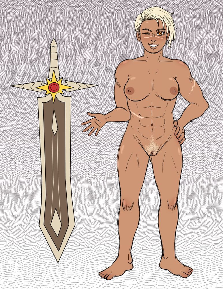 a lady knight named leona traust; a tall strong woman with short blonde hair and orange eyes. she's winking and smirking confidently. she has a scar across the bridge of her nose from cheek to cheek. she is nude with a toned, muscular body and several scars. her giant zweihander sword is also pictured, with a sun emblem and a ruby inset