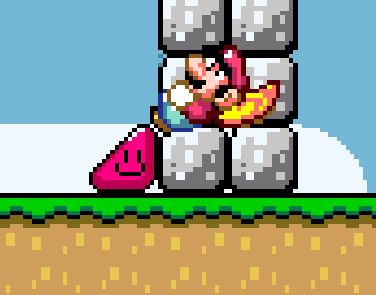 diagonal mario embedded inside a cement wall while standing on the tip of a pink triangle