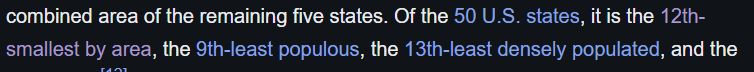 screenshot from the wikipedia article on Maine, where it is described as the 12th smallest state by area