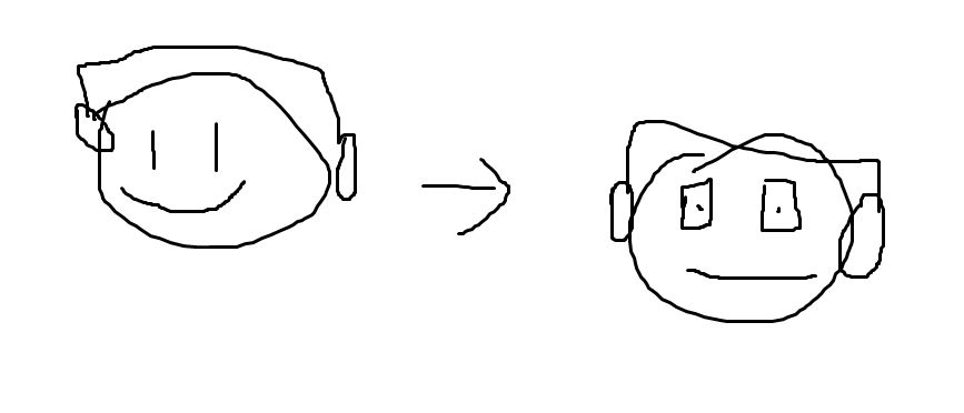 person listening to music with headphones, poorly drawn in MS paint. they look happy, straight vibin, even. an arrow points to a second face, still listening with headphones on. they look deeply concerned as a realization dawns on them