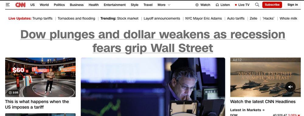 CNN screenshot: "Dow plunges and dollar weakens as recession fears grip Wall Street"