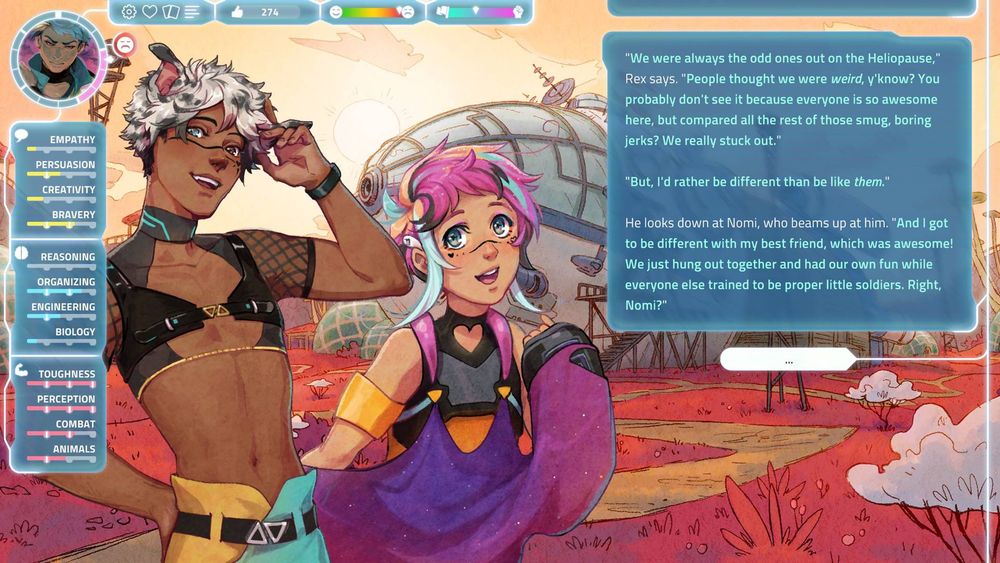 Video game capture from I Was A Teenage Exocolonist, showing two characters and a long text.