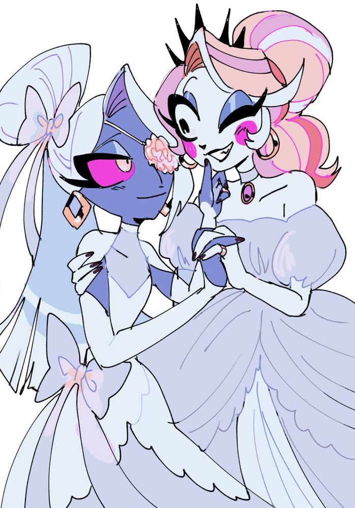 fanart of chaggie
They are smiling at each other in their wedding dresses.