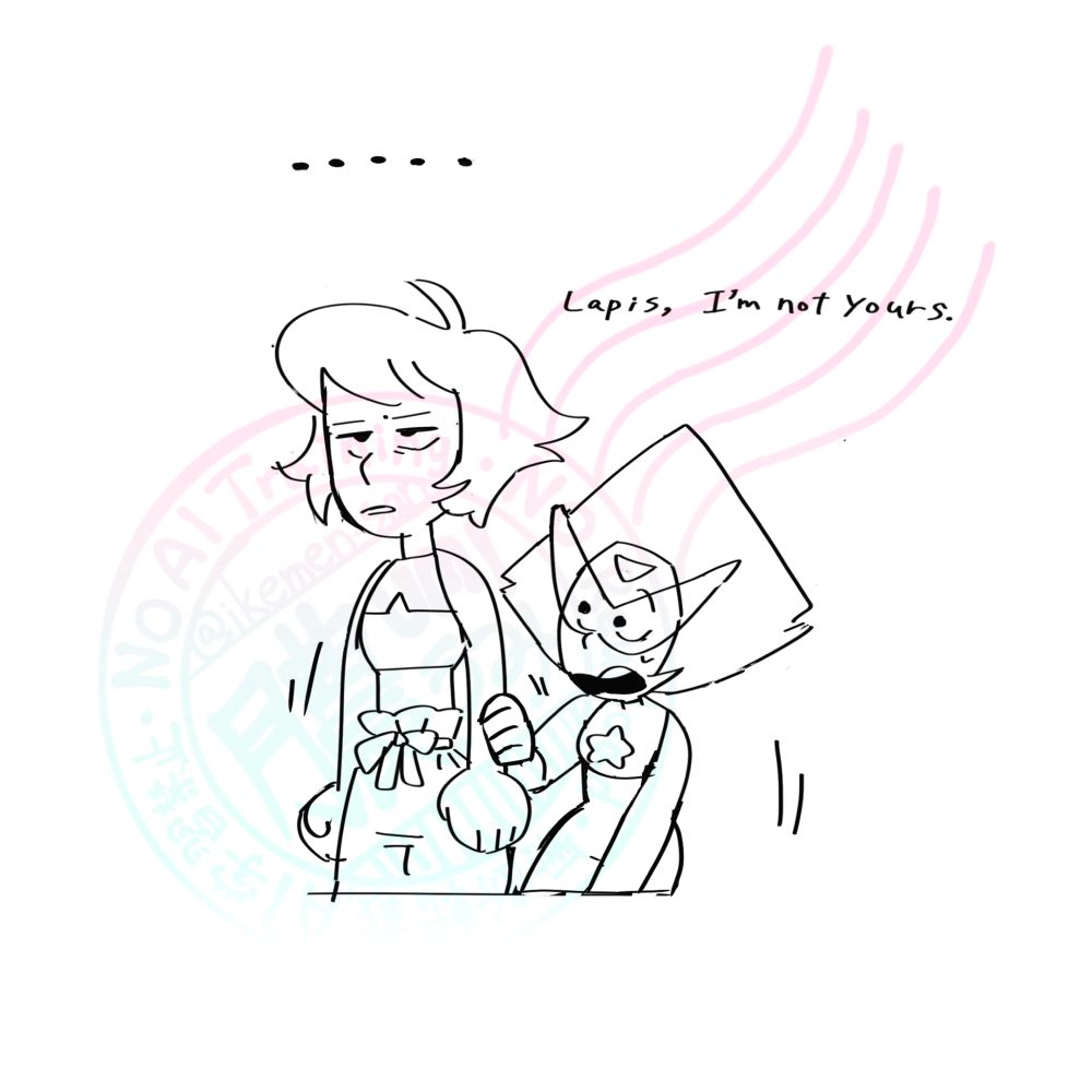 Peridot grabs Lapis's arm and says, "Lapis, I'm not yours." Lapis has a stunned expression.