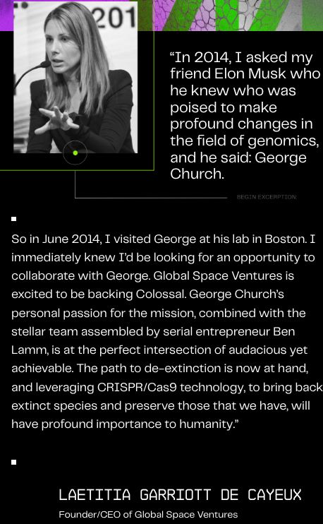 screenshot that reads "In 2014, I asked my friend Elon Musk who he knew who was poised to make profound changes in the field of genomes and he said: George Church"