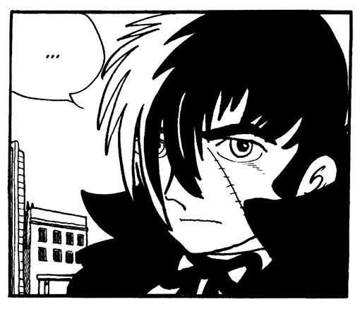 Black Jack stares at the viewer, silent. His bangs cover the right side of his face. You can see buildings in the background, American ones (he's in Hollywood).
