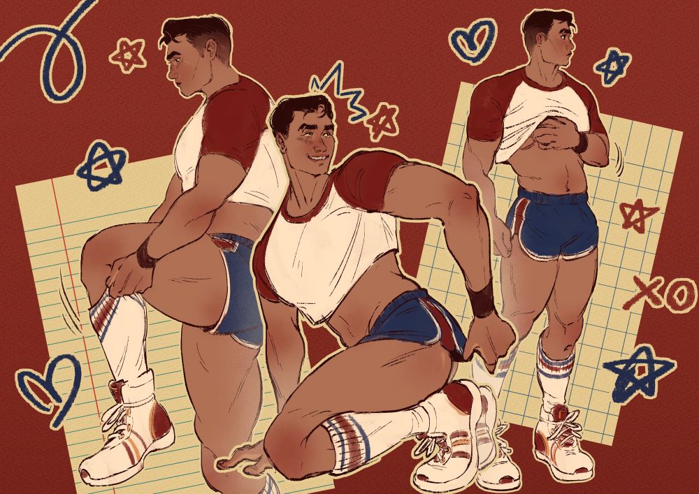 Image: collage of three digital sketches of Jayce in a crop top, short shorts, calf high socks, and high top sneakers. Close up alt text in thread.