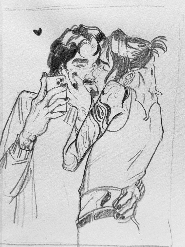 Image: traditional sketch of Jayce and Viktor taking a mirror photo as Viktor kisses Jayce on the corner of his mouth.
