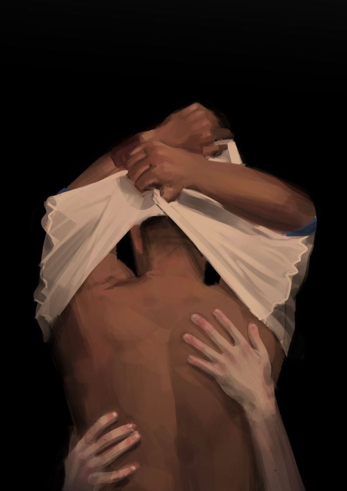 Digital illustration of a back view of Jayce taking off his shirt with Viktor’s hands climbing the expanse of his back.