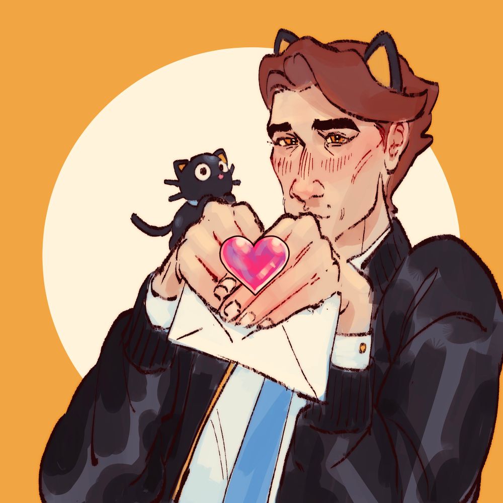 Viktor is leaning to the right as he demurely holds an envelope with his fingers overlapping each other which forms a heart. He is wearing a black coat over a white button up and blue tie. He is also wearing black cat ears to match the Chococat cutely laying on the back of his right hand.