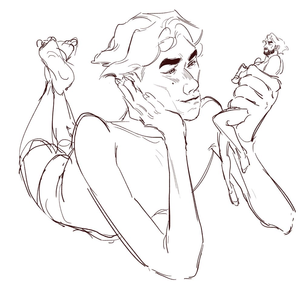 Image 1: digital sketch of a big Viktor holding a small Jayce like a barbie doll.