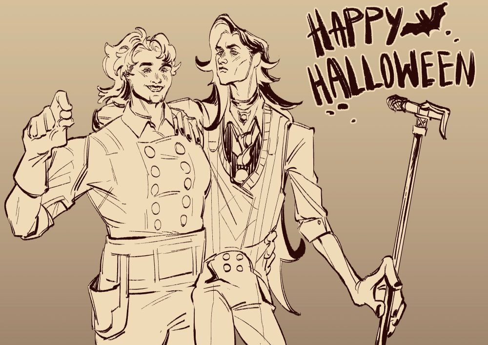 Digital monochromatic illustration of Leon pokemon on the left with a ponytail and Piers pokemon on the right with waist length hair dressed as Jayce and Viktor from Arcane respectively. Leon is wearing Jayce’s forge outfit holding up a fake hextech gem in one hand and Piers’ waist with the other. Piers is leaning one arm on Leon’s shoulder and holding his mic stand that has been customised to look like Viktor’s cane with the other hand.

The text reads “Happy Halloween” and has a little bat and some splatters next to it.