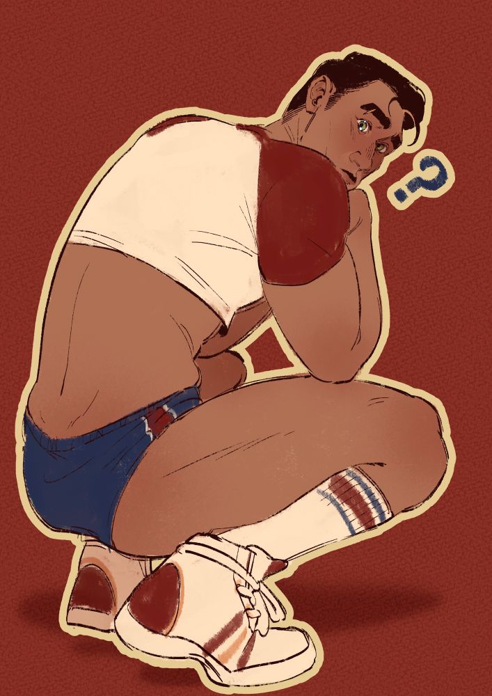 Image: Jayce curiously peering over his shoulder as he squats. He is wearing a cropped white and red shirt with matching socks and sneakers. He has blue shorts that are riding up incredibly high, his cheeks are out.