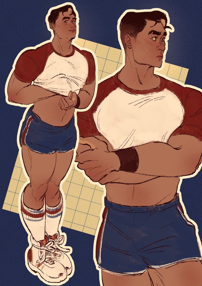 Image: two digital drawings of Jayce in a crop top, short shorts, calf high socks, and high top sneakers. The left drawing is a full body of him, feet together, and fiddling with his shirt while looking at the viewer cutely. The right drawing is a half body of him looking off to the side candidly as he crosses his arms.