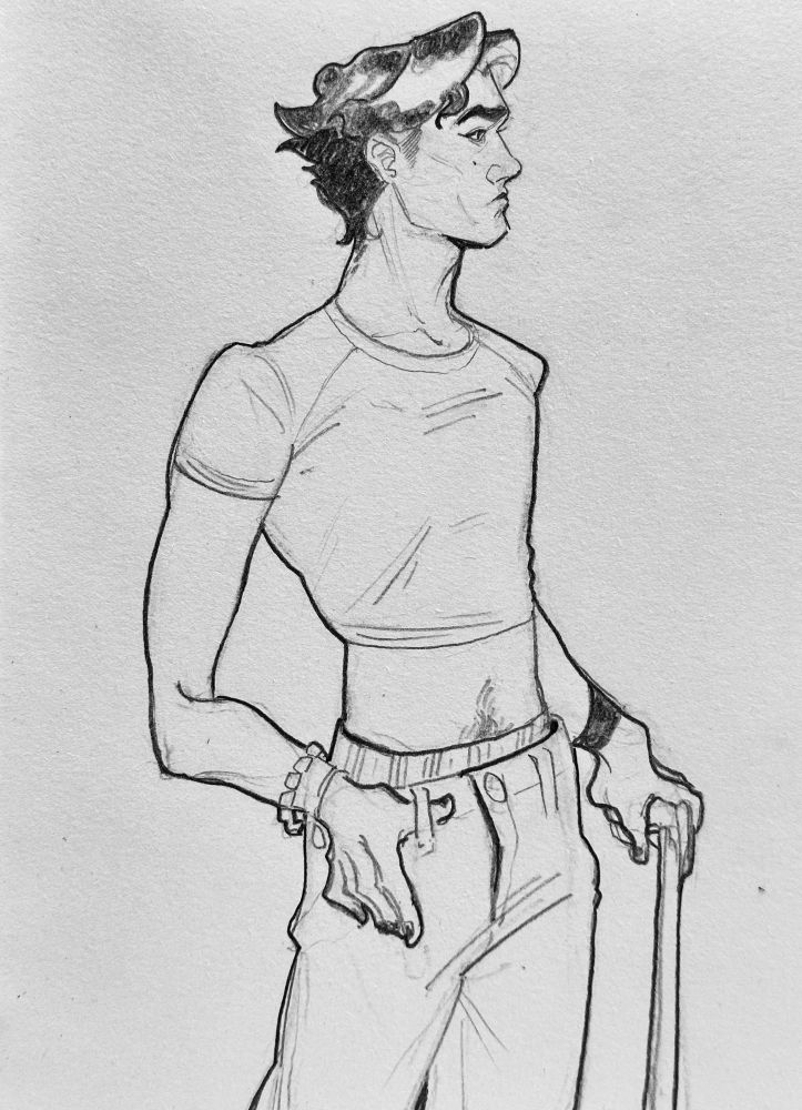 Image: traditional sketch of Viktor looking off to the side. He is wearing a crop top and low rise baggy jeans that show the waistband of his boxers. He has one hand fiddling with a belt loop of his jeans and the other hand holding his cane.