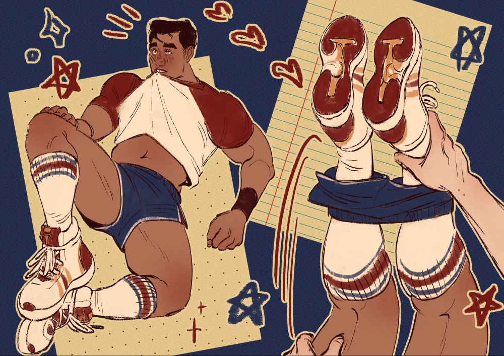 Image: two digital drawings with Jayce in a crop top, short shorts, calf high socks, and high top sneakers. Left drawing is of Jayce leaning back with one leg bent up and the other resting down. He is biting onto his shirt, showing more of his midriff. Right is of his legs being pulled up by a pair of pale hands. His shorts are around his ankles.