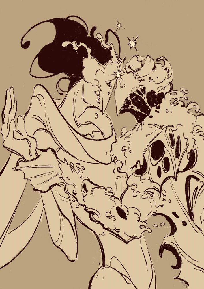 Image: digital drawing of Arcane Herald Viktor and Husk Jayce. Viktor has his eyes shut with tears streaming down his face. He is pulling away solemnly but Jayce is pulling him back in by grabbing his wrist. Jayce is leaning forward following Viktor as he presses their foreheads together. Sparks fizzle at their contact.