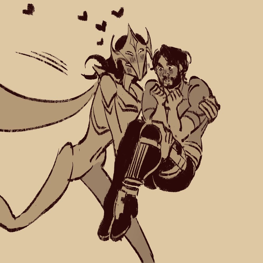 Arcane Herald Viktor running freely while princess carrying his Jayce who is flustered at being so effortlessly picked up