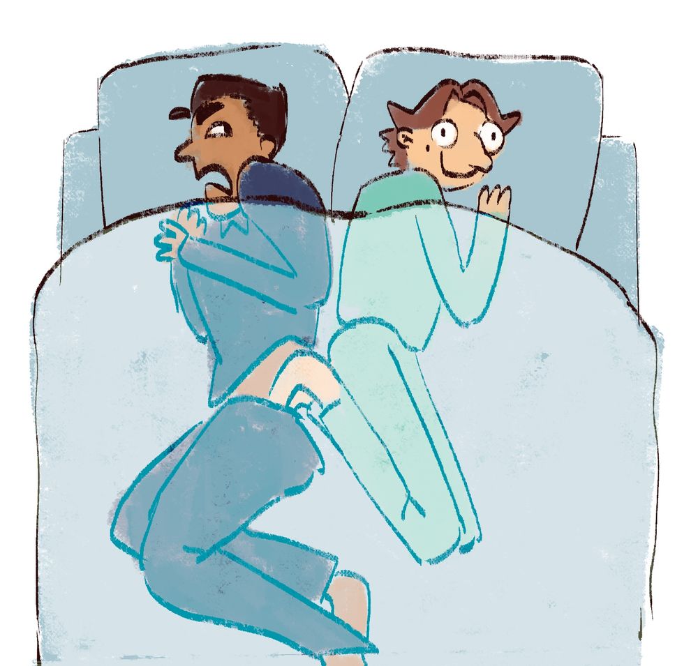 Image: Digital drawing of a top down view of Jayce and Viktor laying in their bed. Viktor is happily laying on his pillow while he bends his legs to tuck his cold feet into the ass of Jayce's pyjamas. Jayce is looking indignant towards Viktor as he mimes clutching his pearls.