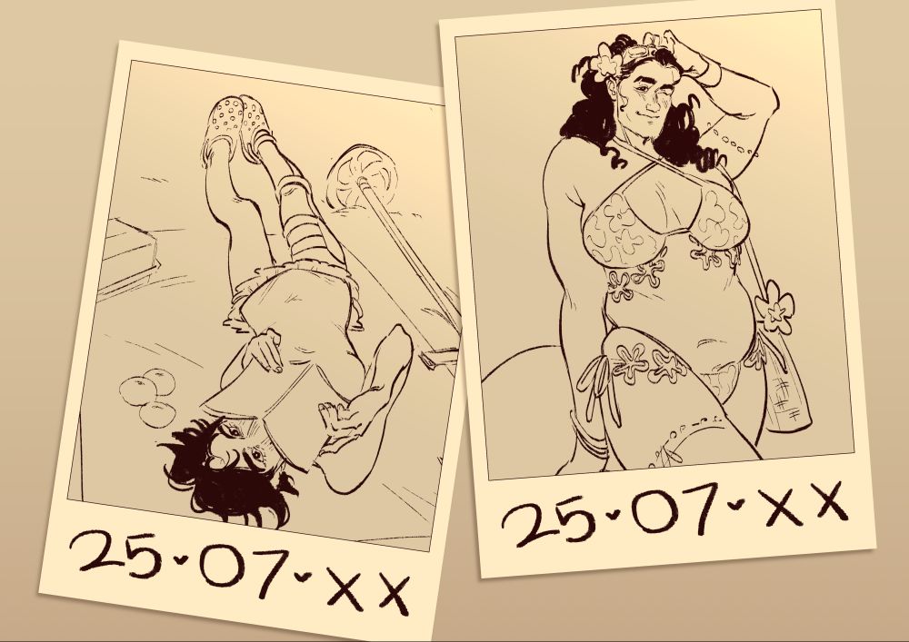 Image of a digital illustration mimicking two polaroids. The left is one of Fem!Viktor lounging on a beach towel, hiding the lower part of her face with a book as she looks coyly up at the camera. Her cane lies next to her slightly out of frame, a carry box on her other side, and three mandarins close to her head. The right is of Fem!Jayce posing with one hand adjusting her sunglasses atop her head and the other holding onto an inflatable donut. she is wearing a bikini with a floral pattern and has accessorised with strings of flower shaped pieces. Her raised shoulder holds a weaved bag. Both photos have the caption "25/07/XX".