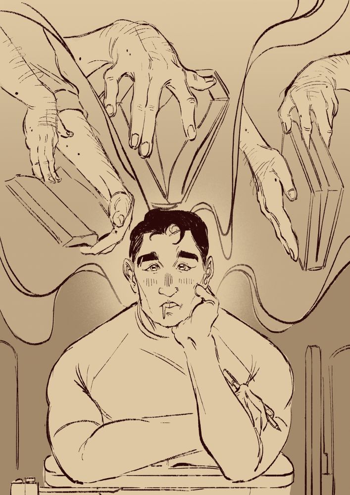 Image 2: Jayce is in the foreground, sitting in a lecture hall seat, resting his head on his palm as he stares intently at Viktor's hands but not his lecture. Above is three scenes of Viktor fingering the book in his hands.