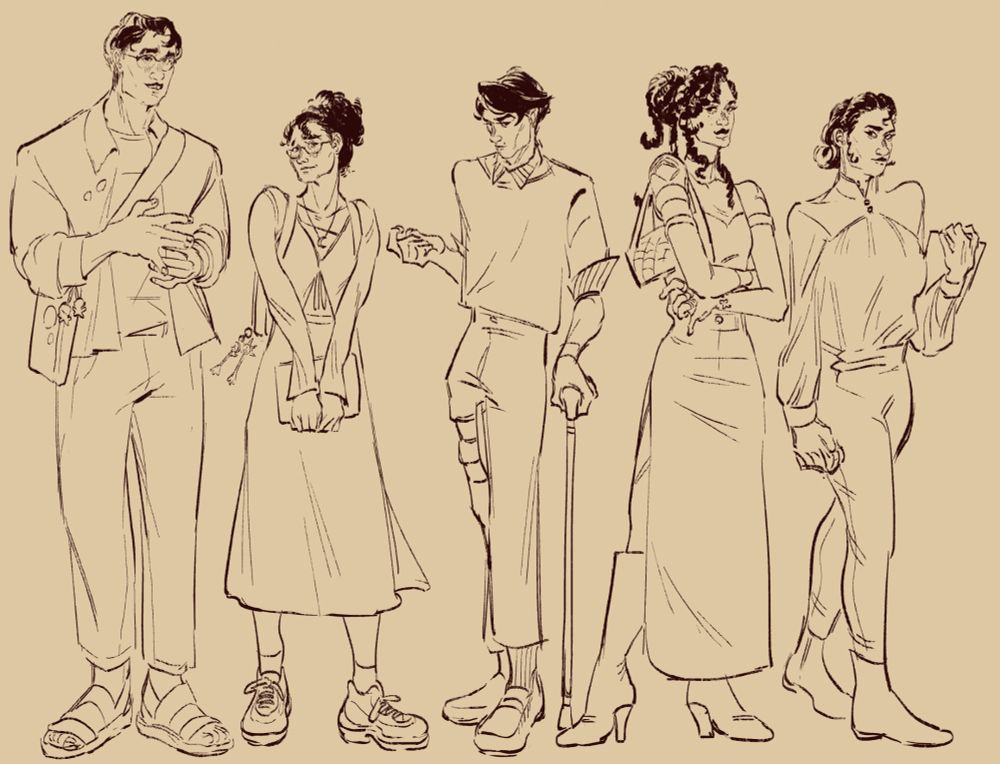 Digital drawing of, in order, Jayce, Sky, Viktor, Mel, and Elora in a line up. 