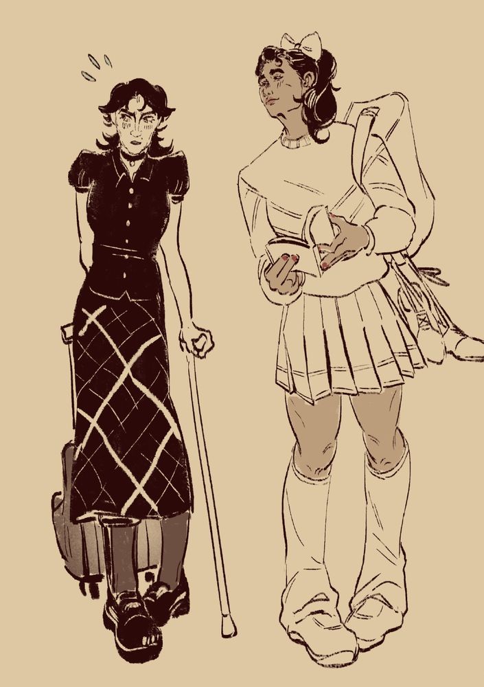 Digital drawing. Viktoria is on the left wearing a head to toe black outfit with a rolling bag behind her. She is flustered and not looking at Jayce directly. 

Jayce is standing on the right. She has a cheerleading uniform on with a duffle bag around her shoulder with her school shoes dangling from it. She has a book flicked open, leaning it towards Viktoria with a smug look. She knows Viktoria likes the uniform.