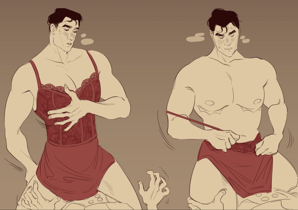 Left: Jayce wearing red one-piece lingerie. He is gripping a tit and is straddling an out of frame Viktor who doesn't seem to know what to do with all that.

Right: Jayce has shrugged off the top part of his one-piece, visibly more out of breath. Viktor has locked tf in.