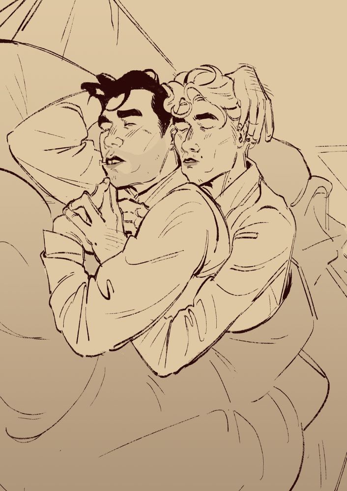 Image: digital sketch of Viktor holding Jayce’s hand from behind as they lie down asleep. 