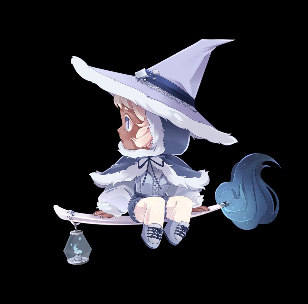 Ashlyn is the winter witch! She has a blue theme going on with her, including her eyes, clothes, broom, and lantern at the end of the broom. She has short, white hair and dark skin. Her hat is fluffy and she wears a fluffy cape over a short suit with puffy sleeves. She has stockings on with shoes.