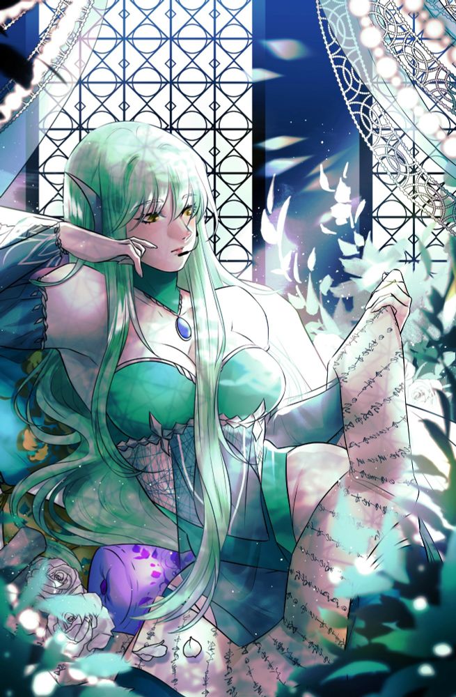 Mendori, looking over her scroll of music. She is louging on a refined chair with the shadows of an ornate window casting on her. She has long, green hair. She is wearing an ear piece, green cuffs, a choker that covers her entire neck with a jewel at the end, and has golden eyes. Her ʻdressʻ is a strapless bralet with mesh going all the way down the front and back of her. She has essentially a bikini bottom.