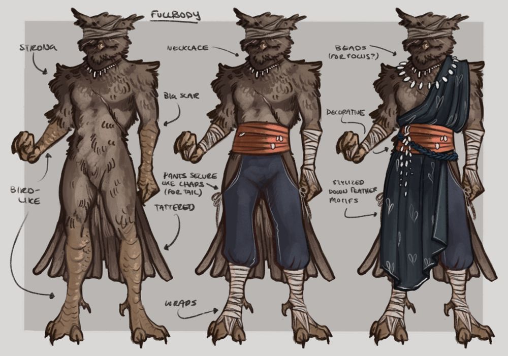 An aarakocra monk. He's all brown and an owl! He has wrappings around his eyes. In his under clothes, he has bandages wrapped around his feet with a simple blue pant held by a reddish brown cloth belt. He also has a necklace. His clothes is just a simple blue robe.