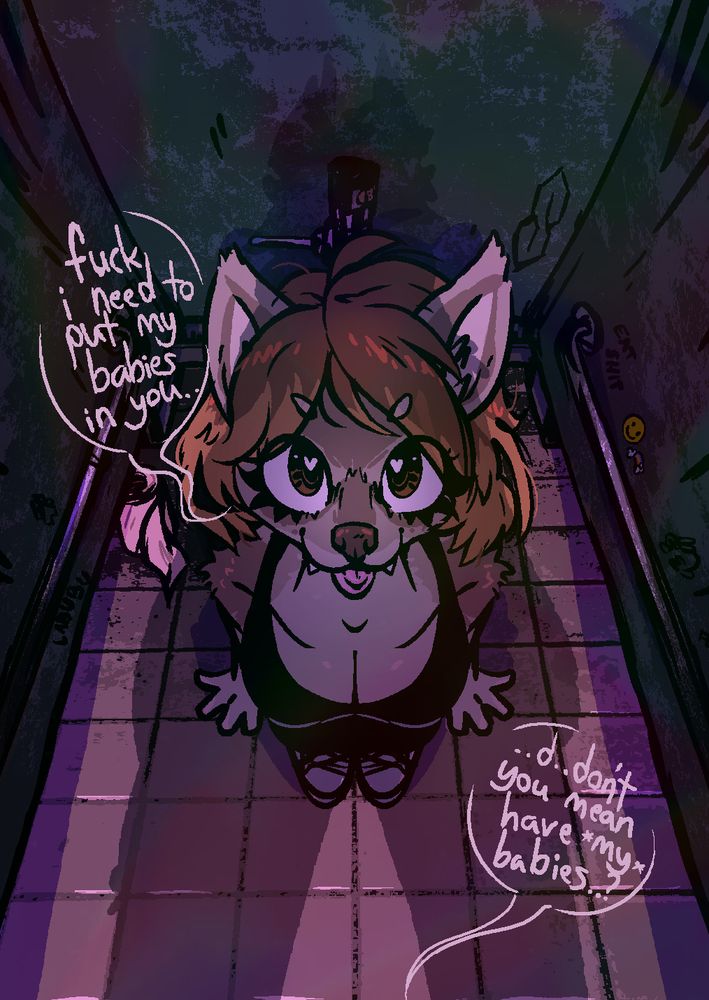 Short wolf girl in a very dirty bathroom stall looking up at a much larger girl with intent to peg her.